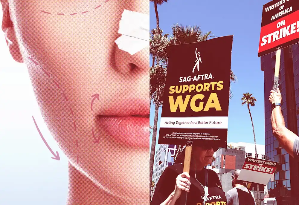 graphic of a surgery drawing and SAG-AFTRA strikers