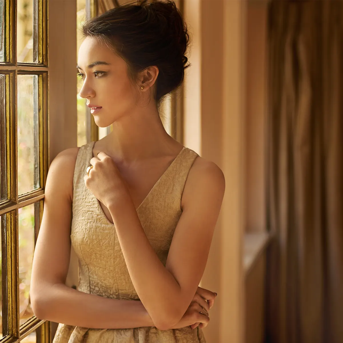 elegant woman wearing dress and looking out a window