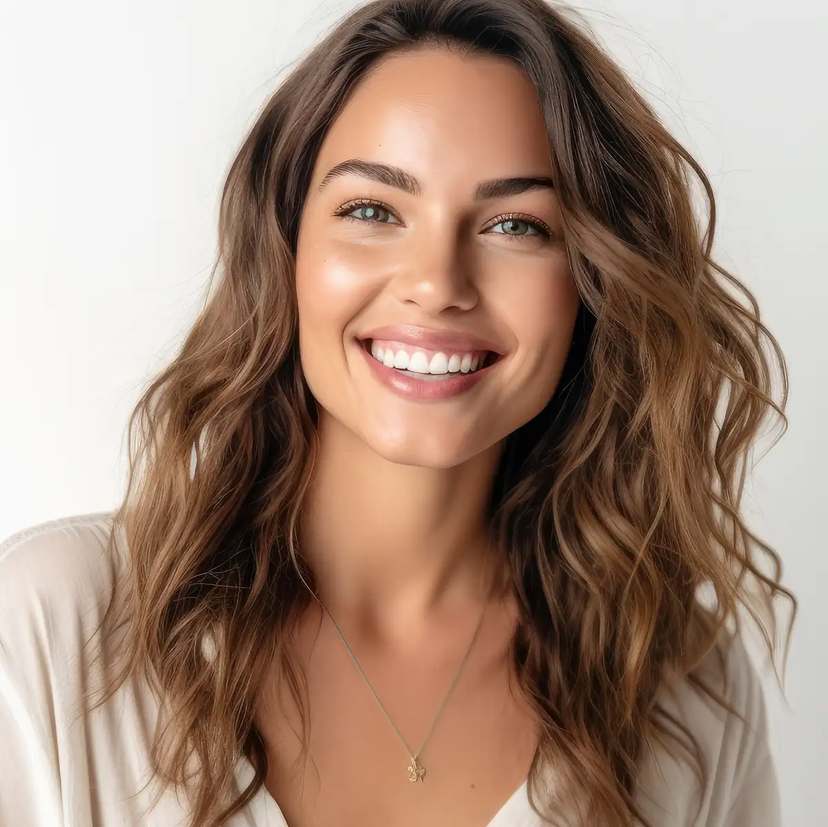 Cheerful woman with dewey, healthy skin